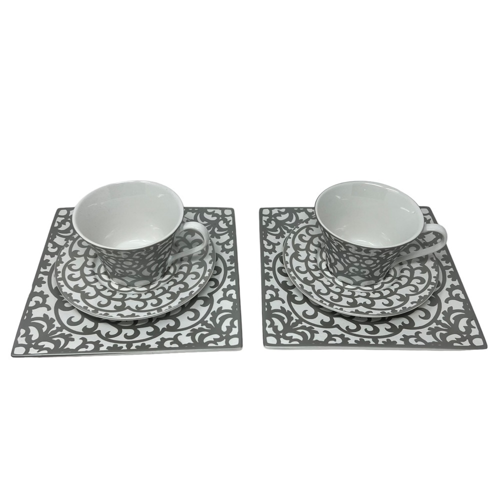 222 Fifth Casbah Silver Porcelain Desert Plate Large Teacup Saucer set of 2